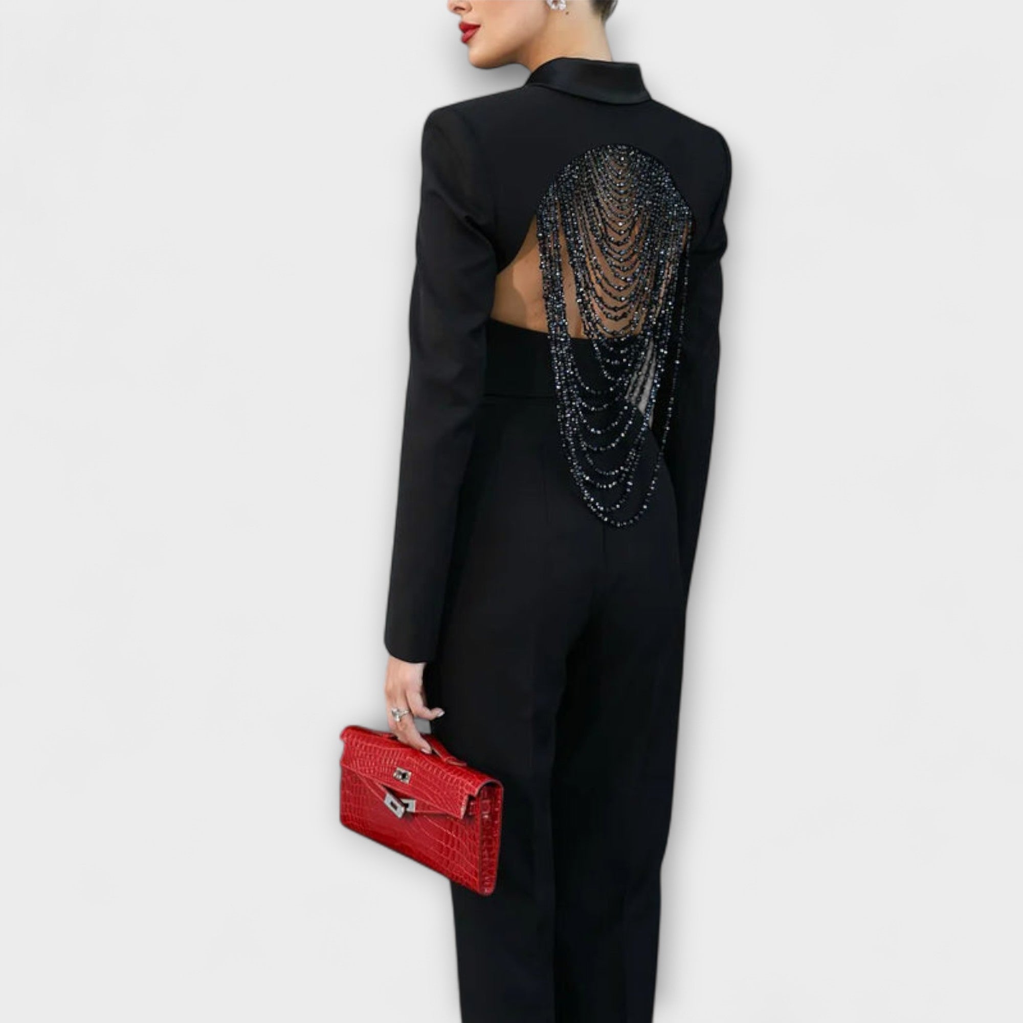 Noa - Krátký blazer bez zad s černými perlami